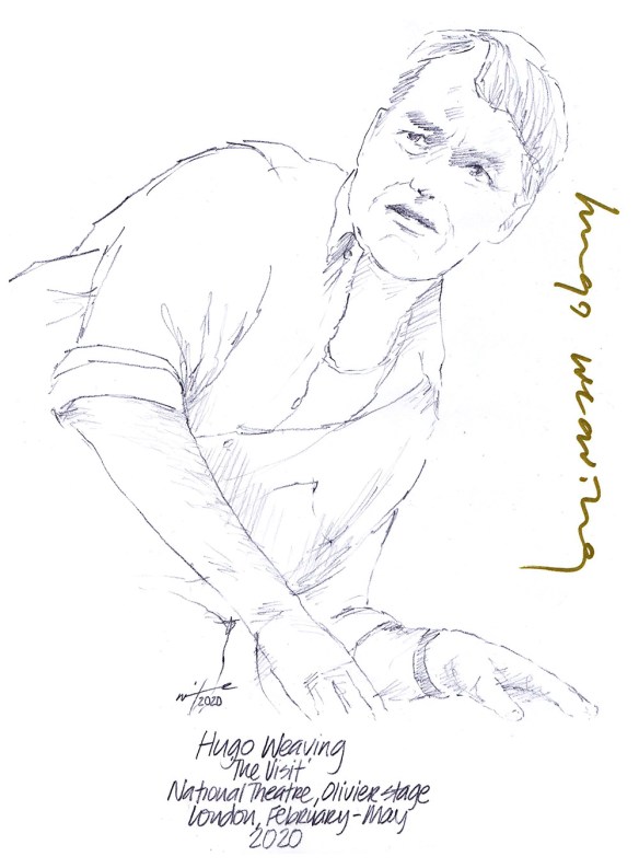 Autographed drawing of Hugo Weaving in The Visit at the National Theatre