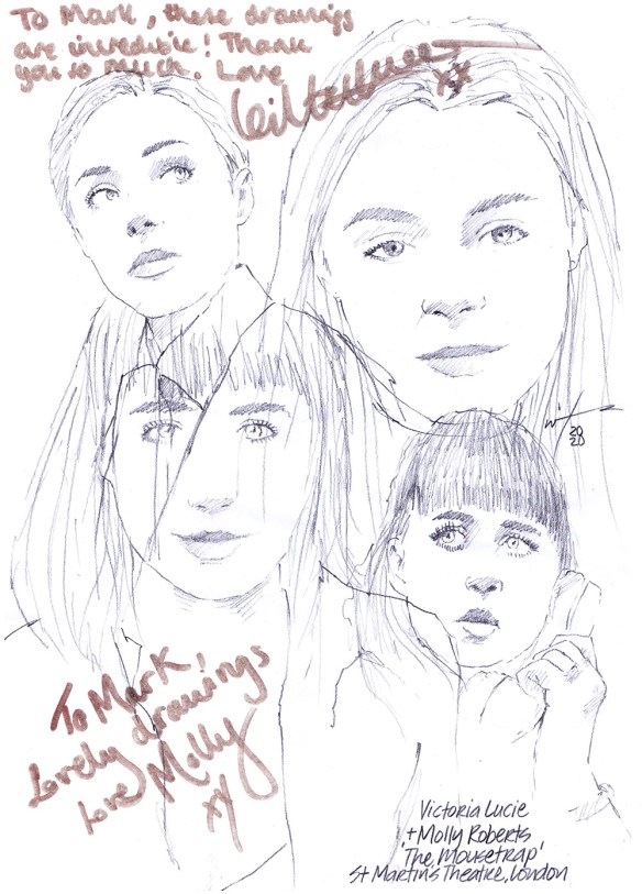 Autographed drawing of Victoria Lucie and Molly Roberts in The Mousetrap at the St Martin's Theatre on London's West End
