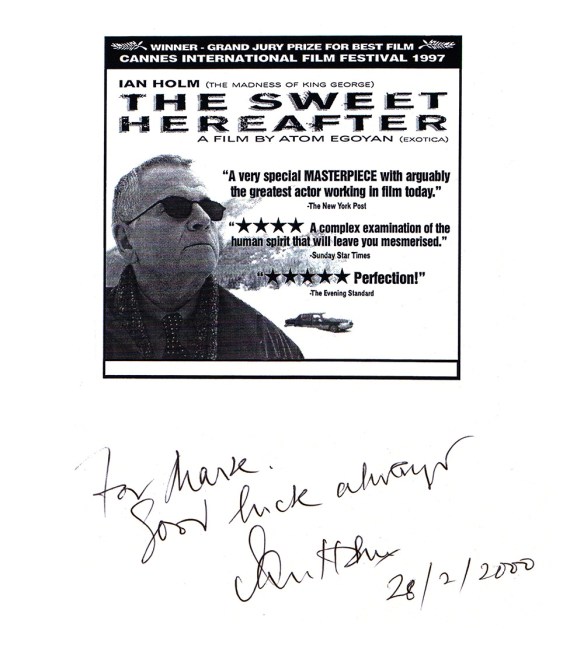 Autograph of Ian Holm on The Sweet Hereafter poster