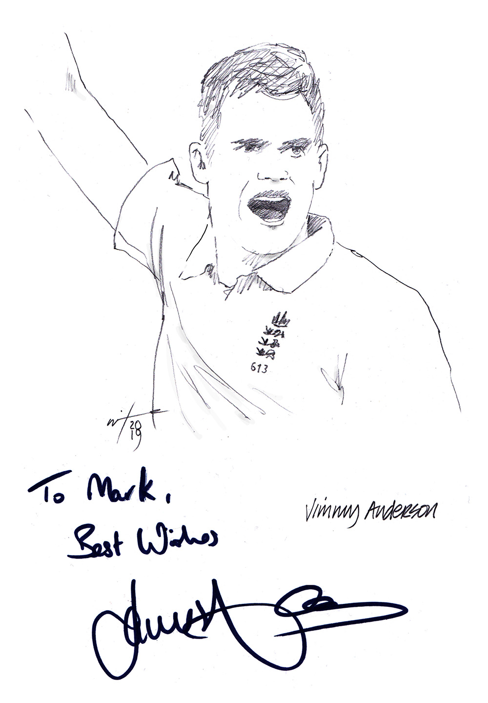 Autogrpahed drawing of cricketer Jimmy Anderson