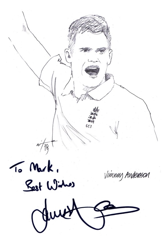 Autogrpahed drawing of cricketer Jimmy Anderson