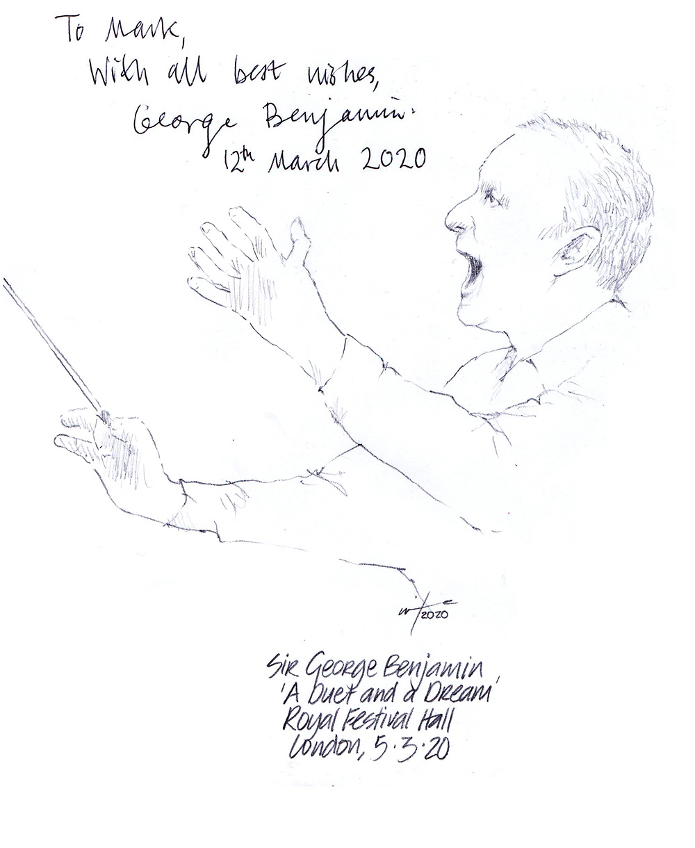 Autographed drawing of composer Sir George Benjamin