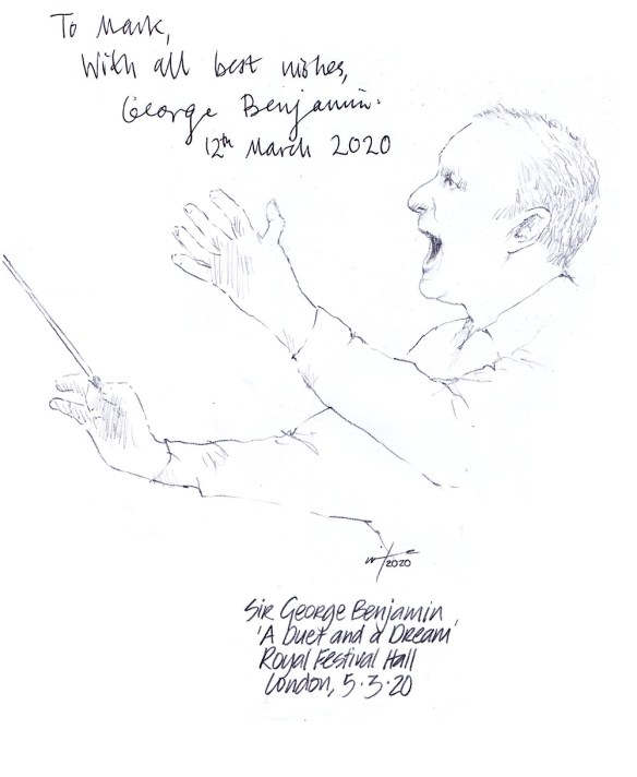 Autographed drawing of composer Sir George Benjamin