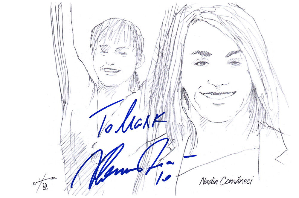Autographd montage drawing of gymnast Nadia Comaneci