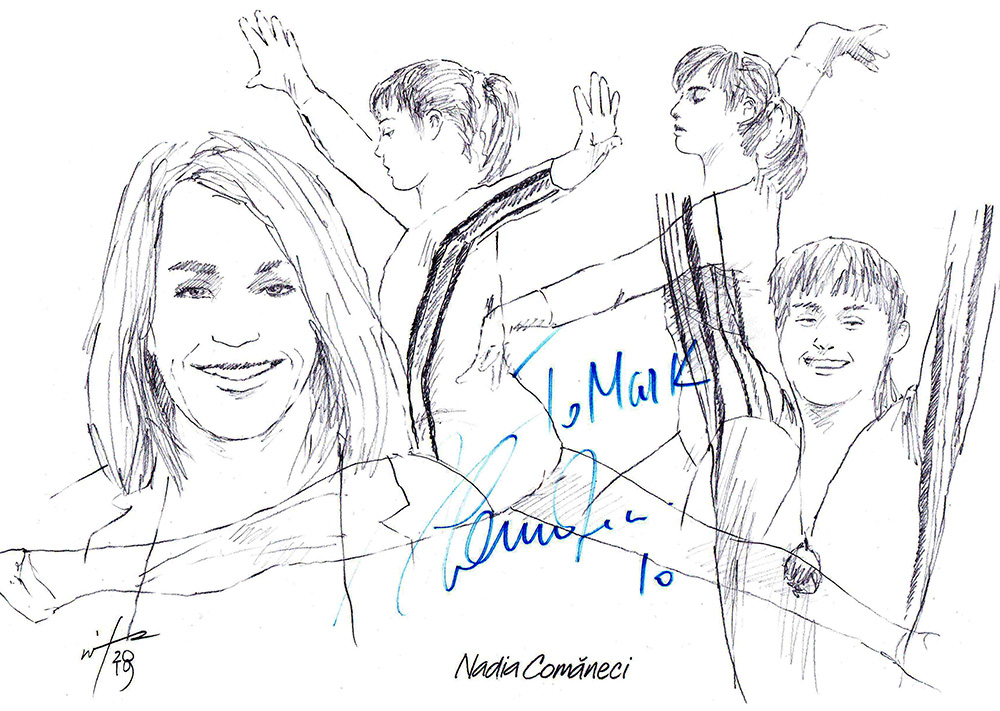 Autographd montage drawing of gymnast Nadia Comaneci