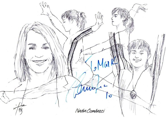 Autographd montage drawing of gymnast Nadia Comaneci