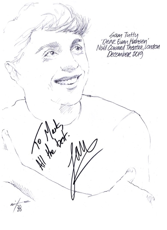 Autographed drawing of Sam Tutty in Dear Evan Hansen at the Noel Coward Theatre on London's West End