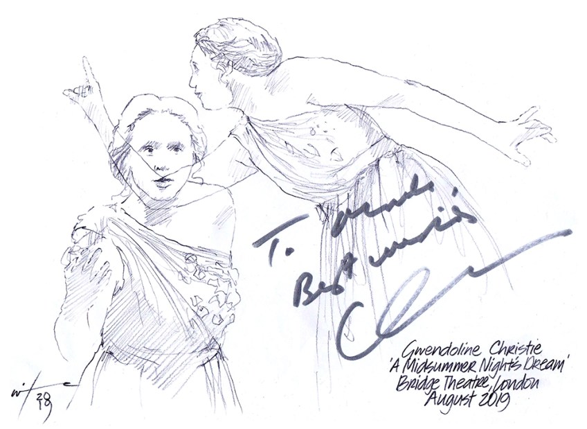 Autographed drawing of actress Gwendoline Christie in A Midsummer Night's Dream at The Bridge Theatre London