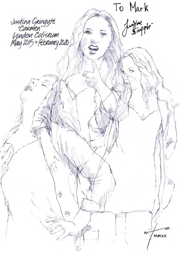 Autographed drawing of Justina Gringyte in Carmen