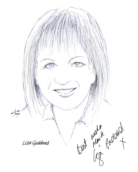 Autographed drawing of actress Liza Goddard