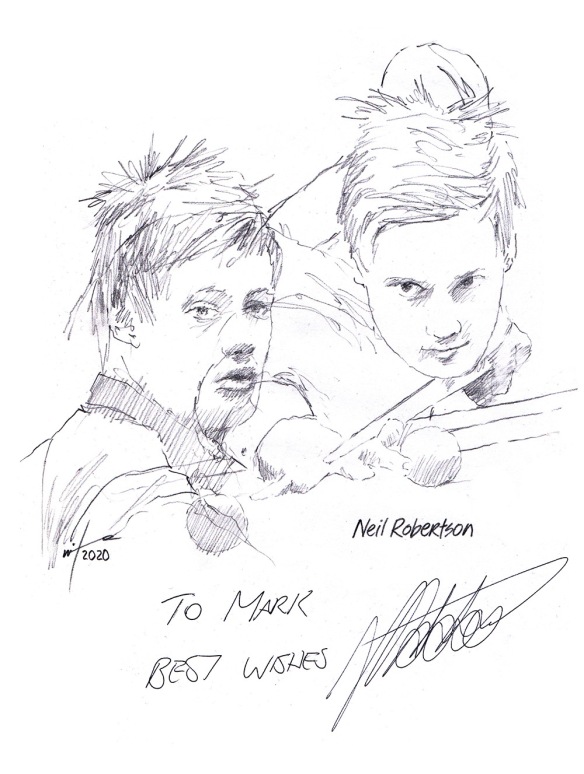Autographed drawing of snooker player Neil Robertson