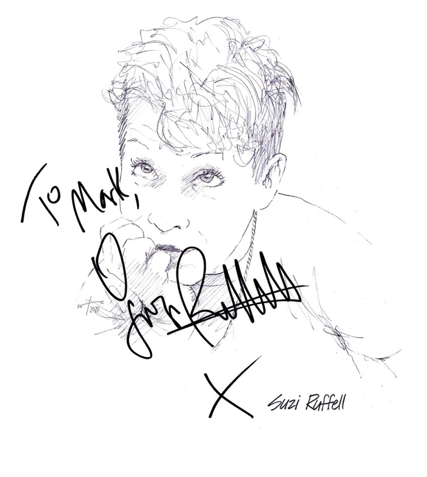 Autographed drawing of comedian Suzi Ruffell