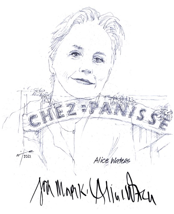 Autographed drawing of Chef Alice Waters at Chez Panisse