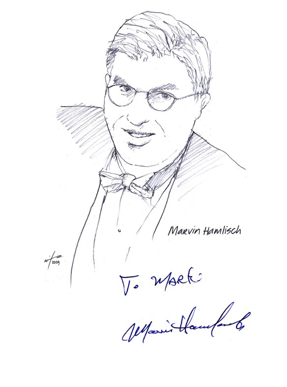 Autographed drawing of composer Marvin Hamlisch