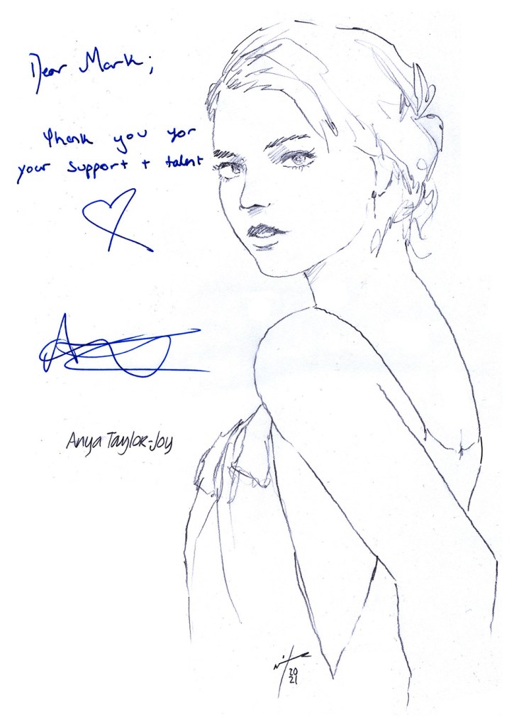Autographed drawing of actress Anya Taylor-Joy