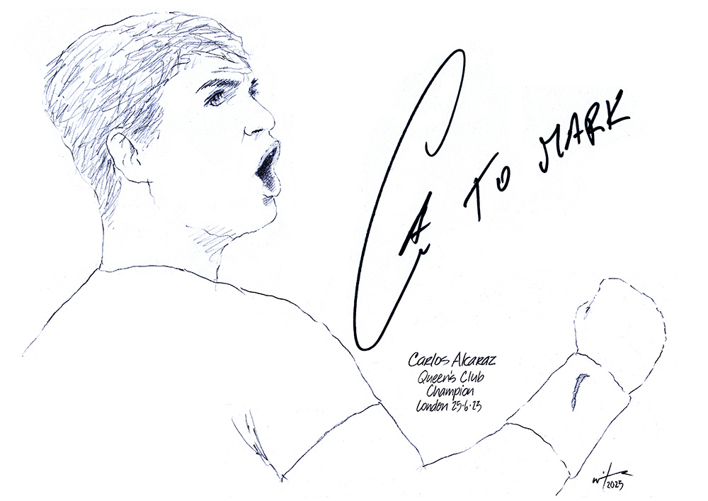 Autographed drawing of tennis player Carlos Alcaraz at Queen's Club