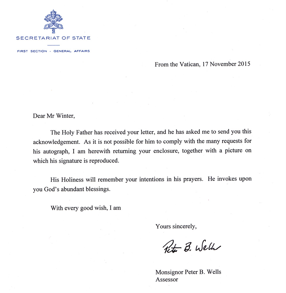 Letter from Pope's representative